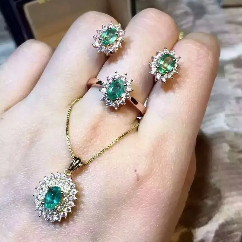 

Fidelity Natural emerald s925 sterling silver classic fine jewelry sets for womem natural green gemstone earrings ring pendant