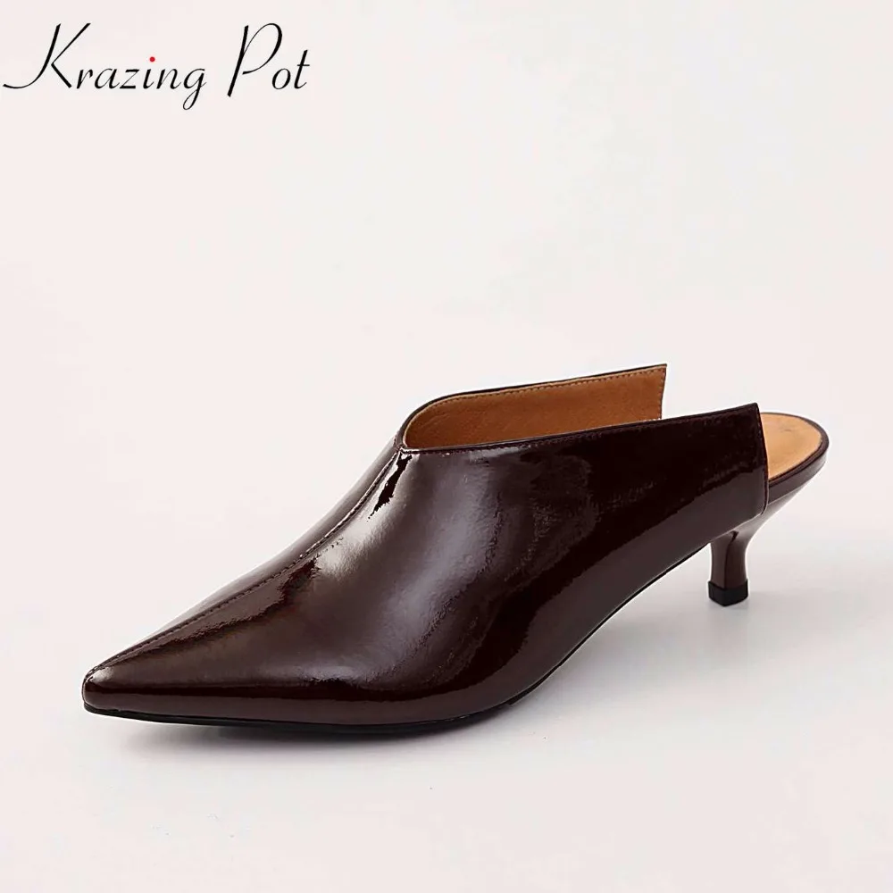 Chaussures Cuir Pot Véritable Mince D'été Pointu Pompes Rouge Haute Femmes Mules Krazing Brown vin En yellow Bout Vintage Partie Noir Talons Stylet L18 Marque dqwaYtI