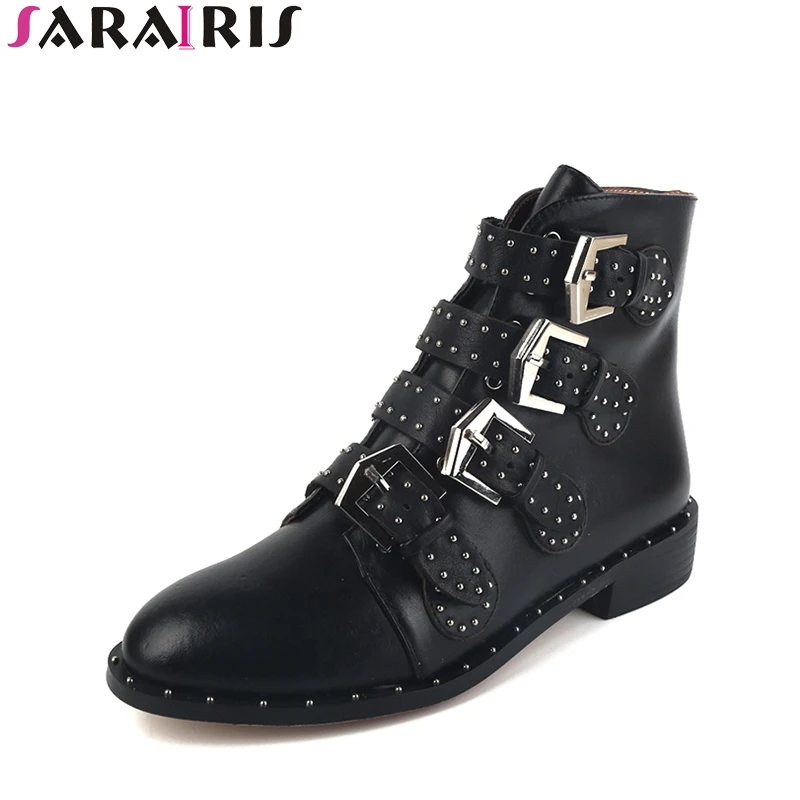 

SARAIRIS brand shoes women large size 33-45 customization black genuine leather square heels ankle boots woman cow leather
