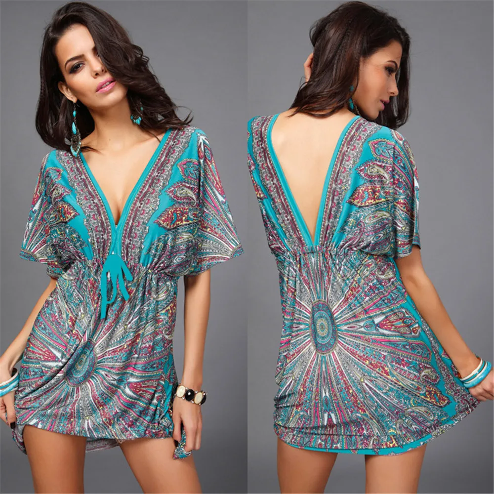 Sexy Beach Vacation Dress Boho Style Summer Women Dress Sexy Sundresses Deep V Ethnic Floral Print Tunic Beach Dresses (5)
