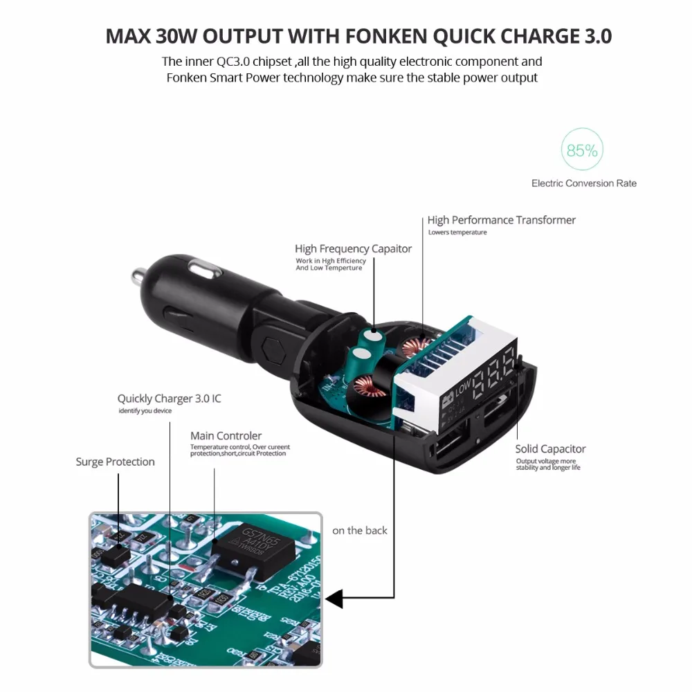 FONKEN 30 واط المزدوج USB سيارة شاحن شاحن سريع QC 3.0 سيارة-شاحن المحمولة الهاتف سريعة شاحن الرقمية عرض انخفاض الجهد تحذير