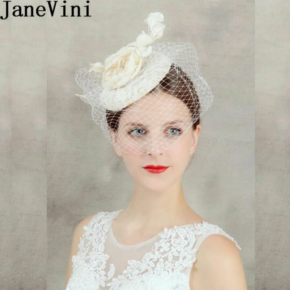 JaneVini Винтаж для женщин кружево свадебная шляпа цветы сетки Уход за кожей лица вуаль жемчуг чародей Свадебная вечеринка невесты шапки