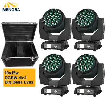 cheap Flight Case + 4 Stks partij Grote Bee Eye Led Moving Head Zoom Functie Dmx 512 Wassen Licht Rgbw 4IN1 19X15W Beam Effect Licht