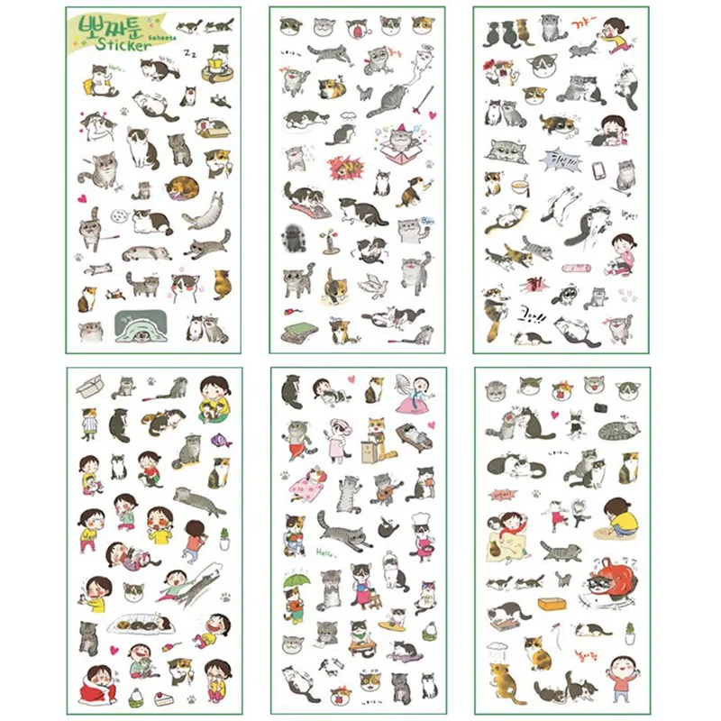 

6sheets/set Creative transparent PVC stickers cute black and white cat photo album decorative stickers child DIY toy