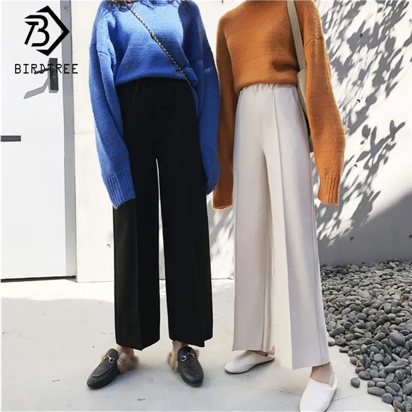 Spring Women's Solid Pants High Elastic Waist Pockets Long