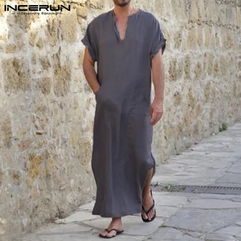 INCERUN хлопок Арабский стиль халат платье для мужчин короткий рукав v-образный вырез полная длина рубашки для отдыха мужское платье размера плюс S-5XL пижамы