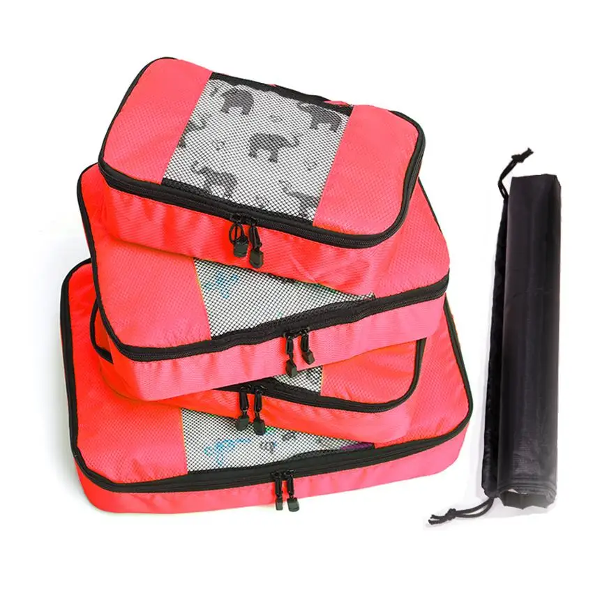 Складная/нейлоновая/Мужская/Женская дорожная сумка органайзер/ручная кладь/большая вместимость/водонепроницаемая/компрессионная Упаковка Куб двойная молния/3 комплекта - Цвет: RED 4 Set