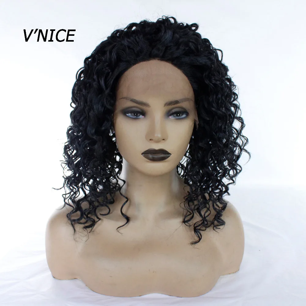 V'NICE 1B странный вьющиеся черный синтетический Синтетические волосы на кружеве парик естественно волосяного покрова долго жаропрочных