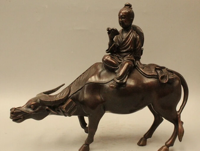 

wholesale factory 9" Lucky Chinese Fengshui copper Bronze Boy Ride Zodiac Year Bull Oxen Statue