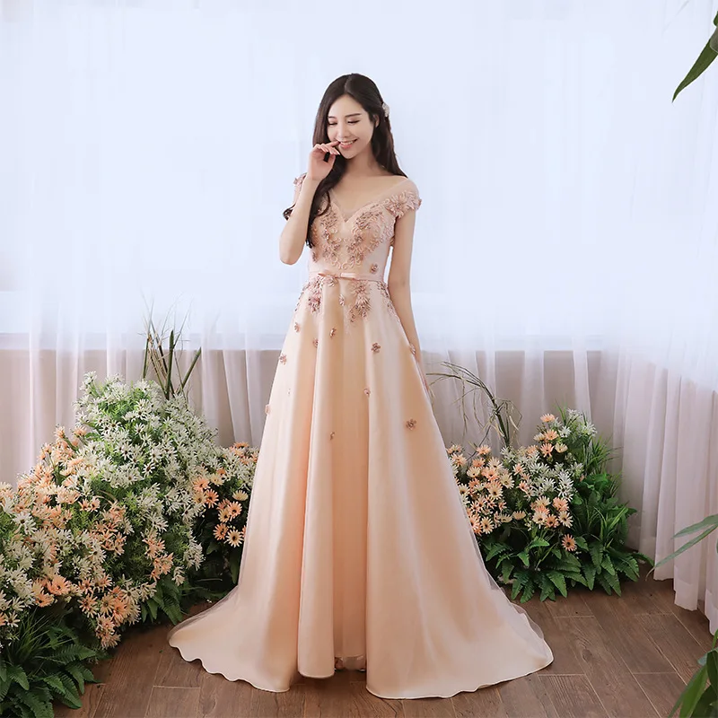 

Elegant Evening Dress 2019 Spring Haute Couture Party Dress V-Neck Beaded Appliques A-Line Banquet Prom Dress vestido de festa