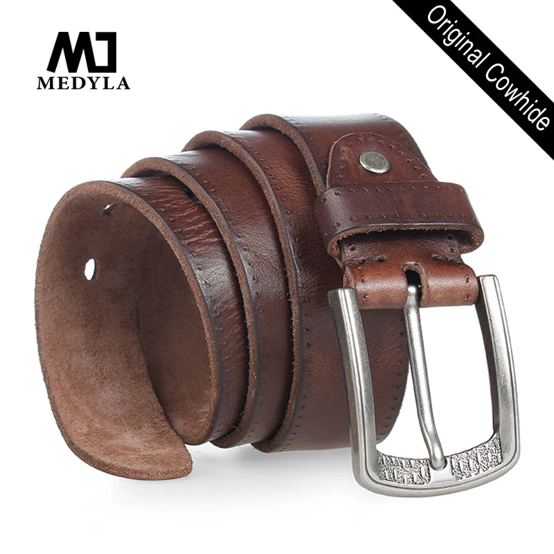 

MEDYLA Men Belt 100% Cowhide Alloy Pin Buckle Blue Color Personality Choice Cowhide Male Strap Jeans Waistband Gift
