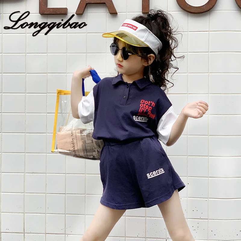 

Girls' Suit 2019 Summer New Alphabet Printing Color Matching T-shirt Leisure Shorts Sports Children's Two-piece Set Tide