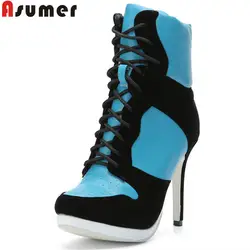 ASUMER/Большие размеры 35-47 модные высокие ботинки с круглым носком на шнуровке туфли на очень высоком каблуке смешанные цвета на осень-зиму