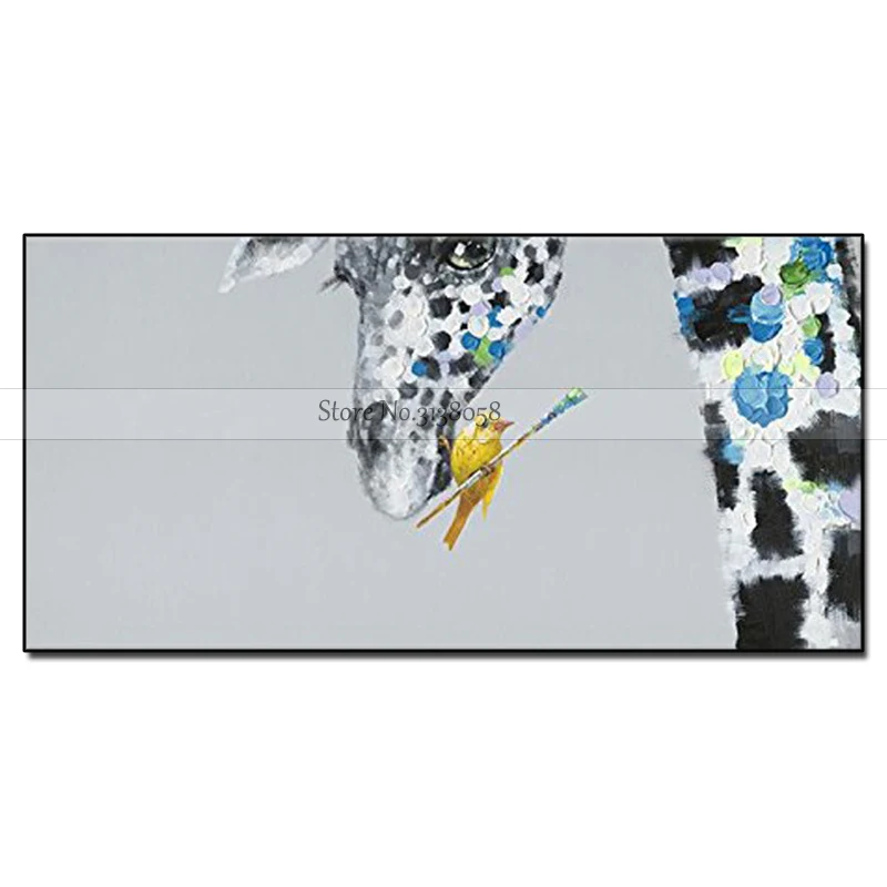 Funny Birds Painter and Giraffe Animal Oil Painting 100% Handmade on Canvas for Living Room Wall Art Decoration | Дом и сад