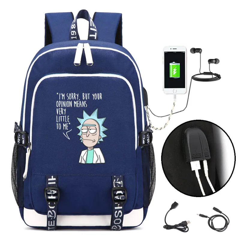 

Rick and Morty Backpack with USB Charging Port and Lock &Headphone interface for College Student Work Men & Women