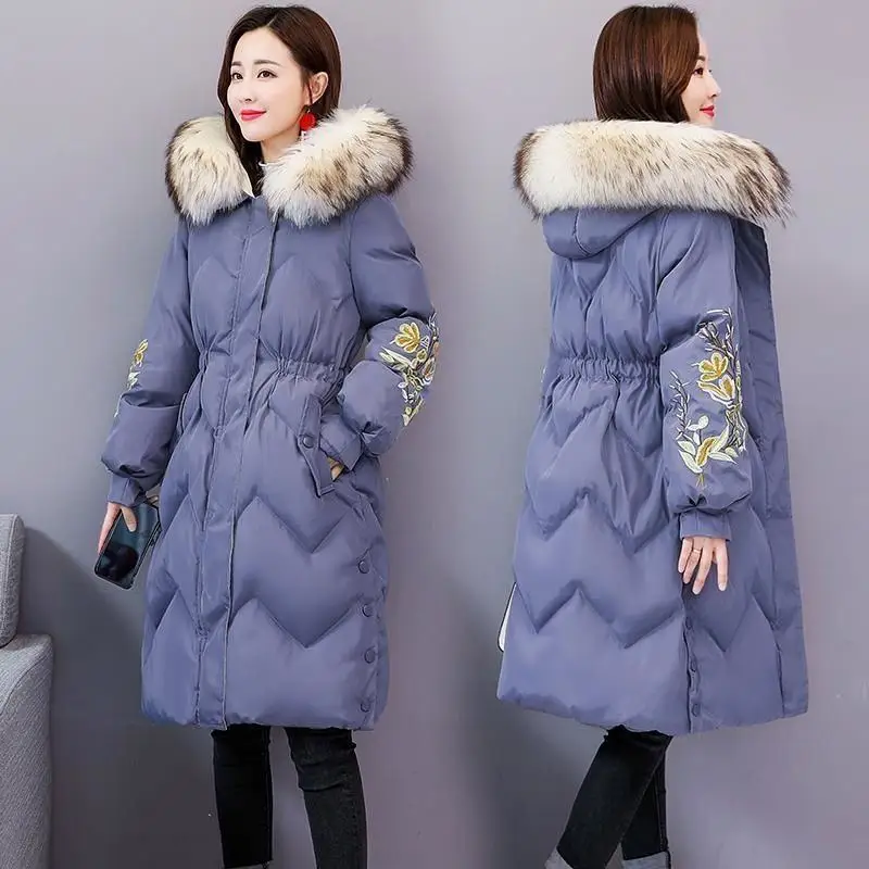 Manteau 2019 X118 ivoire Chaud Slim D'hiver Duvet Canard Fleurs wumai Épaissie Fourrure Outercoat Impression Long Col Blue À Femmes Big Capuchon De Noir rUxqBwXr8