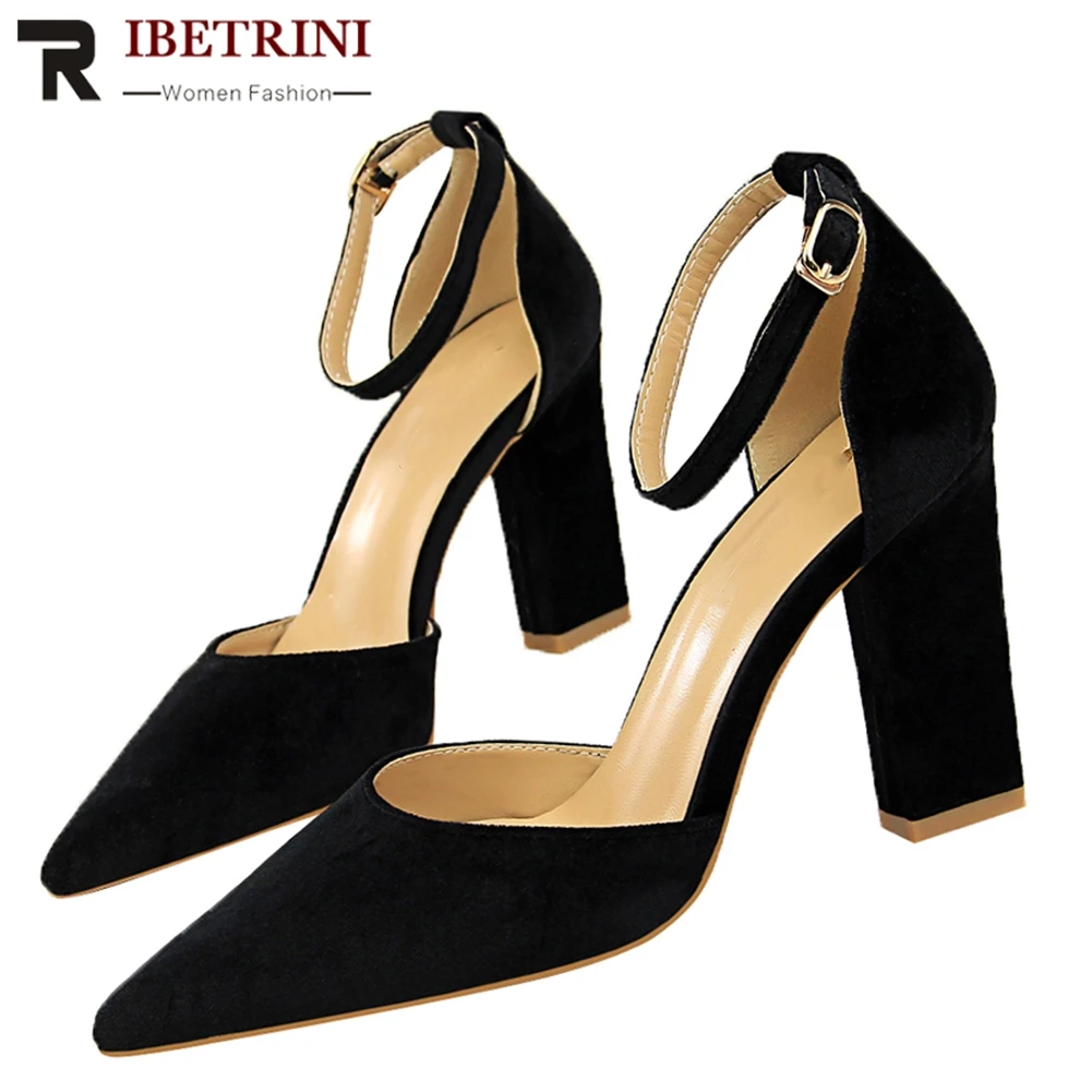 

RIBETRINI Good Quality Flock Ankle Strap High Heels Pumps Woman Ladies Sexy Chunky High Heels Women Elegant Party OL Shoes