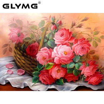 

GLymg Needlework Arts Crafts Diamond Painting Cross Stitch Pink Rose Flower Basket Diamond Embroidery Full Square Mosaic Picture
