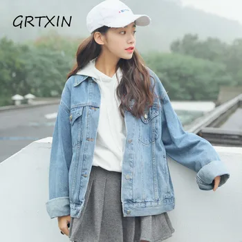 

New 2019 spring women ladies long sleeve BF denim jacket Jean vintage loose Coat Outwear Harajuku Oversize Jacket
