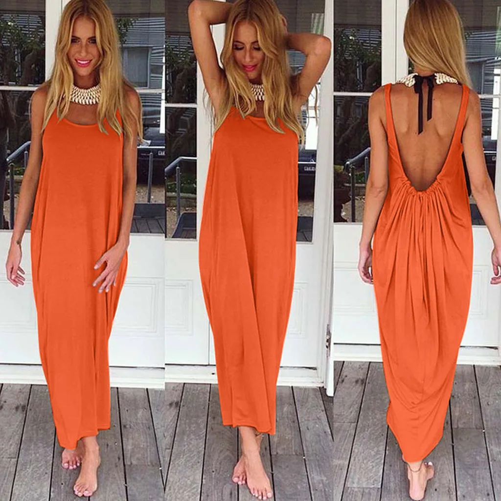 

New Loose Solid Sexy Big U Backless Sling Polyester Dress Beach Summer Style Women Dress