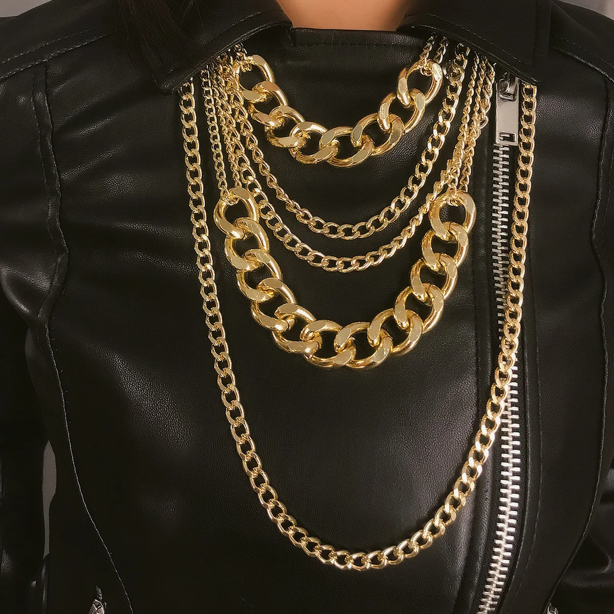 

Punk Hip Hop Mix and Match Accessories Women Exaggerated Multi-layer Tassel Handmade Thick Chain Necklace