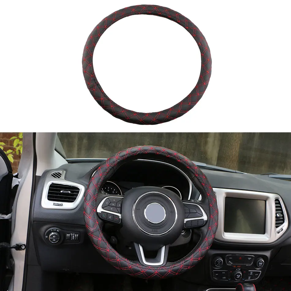 1 Piece PU Leather Car Steering Wheel Cover Black with Red Line Pattern