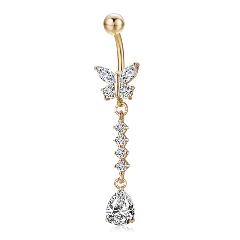 Hot Statement Hollow Double Heart Gold Surgical Steel Piercing Body Jewelry Sexy Crystal Zircon Pendant Belly Button Rings - Окраска металла: P0325JB