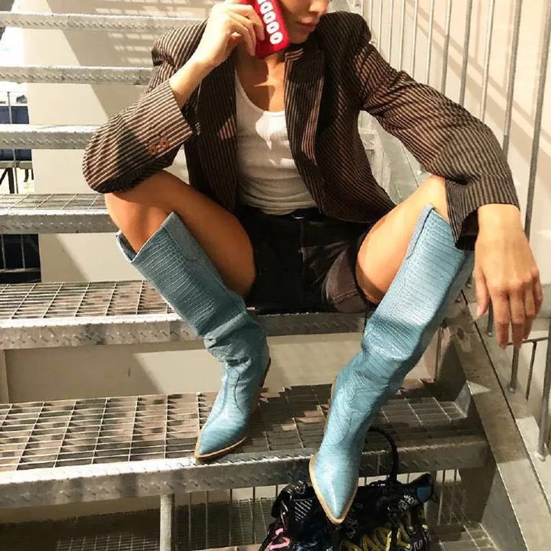 

Botines Mujer 2019 Winter Shoes Woman Pointed Toe Cut Out High Heels Crocodile-effect Western Cowboy Long Women Boots Blue Pink