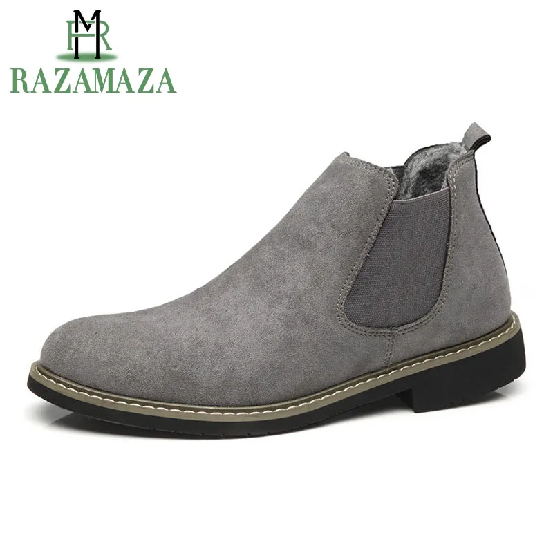 

ZALAVOR Nubuck Leather Chelsea Boots Round Toe Ankle Winter Fur Boot Man Boots Square Low Heel Leisure Footwear Size 39-44
