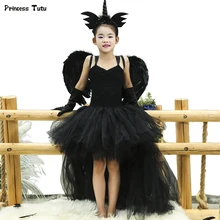 Платье-пачка черного ангела; длинное платье из тюля для девочек; детское праздничное вечернее платье с хвостом; костюм на Хэллоуин для девочек