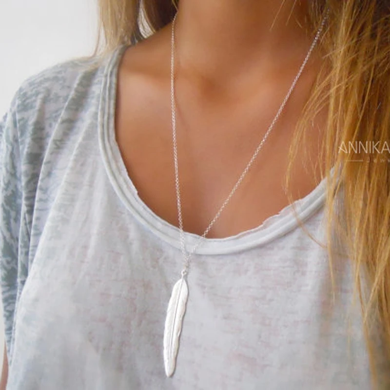 

FAMSHIN 2018 New Fashion womens vintage long necklace jewelry silver gold simple feather pendant necklaces colar Jewelry gifts