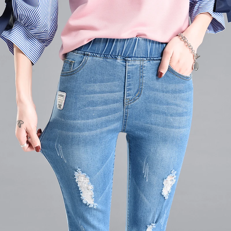Pantalones vaqueros Capri con cintura elástica para mujer, pitillos de  talla grande, rasgados, D23 _ - AliExpress Mobile