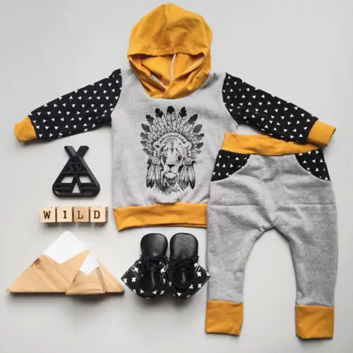 

Hot Sell Autumn Winter Cartoon Lion Newborn Baby Kids Boys Long Sleeve Patchwork Hooded Tops+Long Pants 2pcs Clothes Outfits Set
