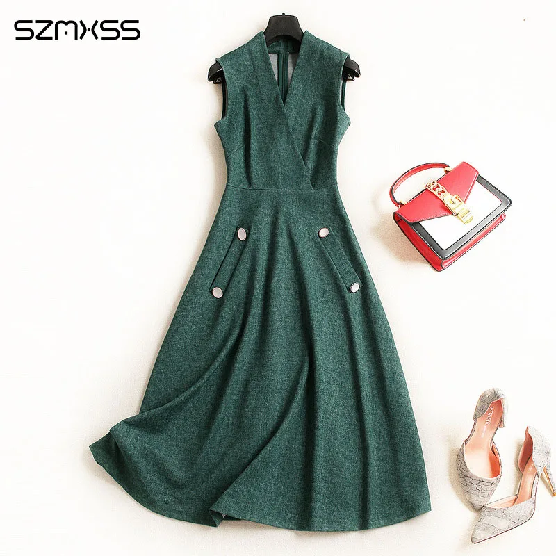 

2018 autumn new fashion denim dress women sleeveless solid color Slim V-neck OL dresses high quality elegant long Dress