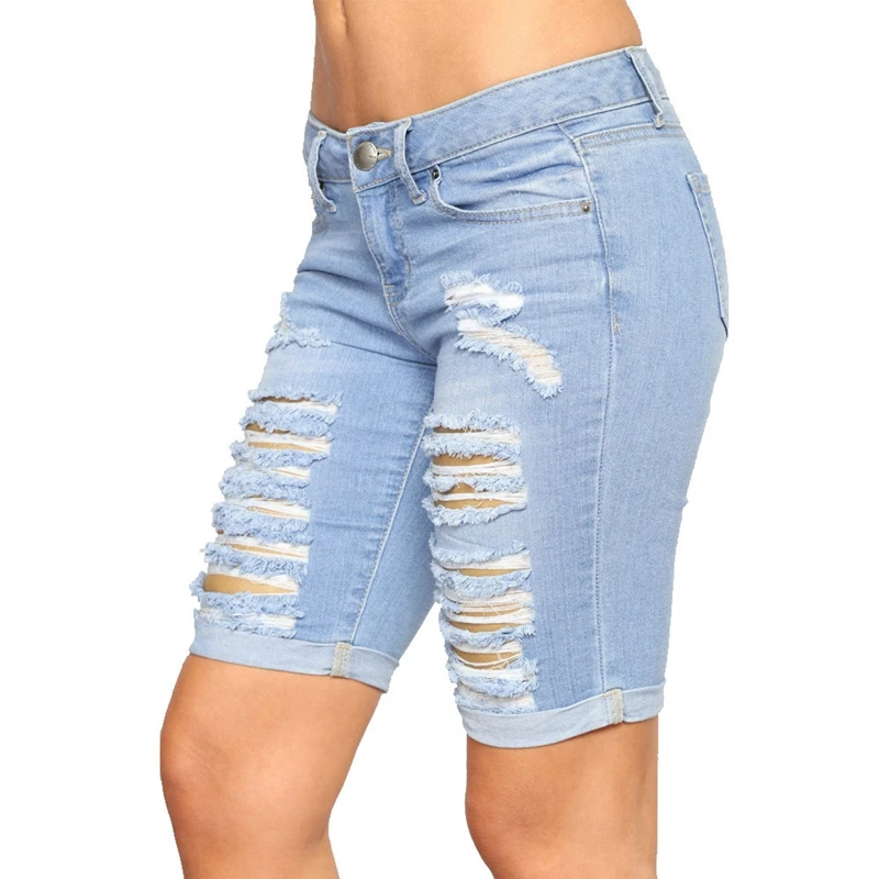 Sexy Destroyed Hole Skinny Capris Jeans Women Casual Stretch Knee Length Denim Shorts Jeans ladies High Waist Denim hot pants
