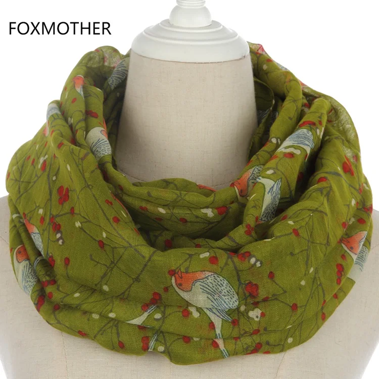 FOXMOTHER легкий мягкий модный бежевый серый Небесно-Голубой птица на дерево кольцо шарфы платки Петля Шарфы женские подарки - Цвет: Green