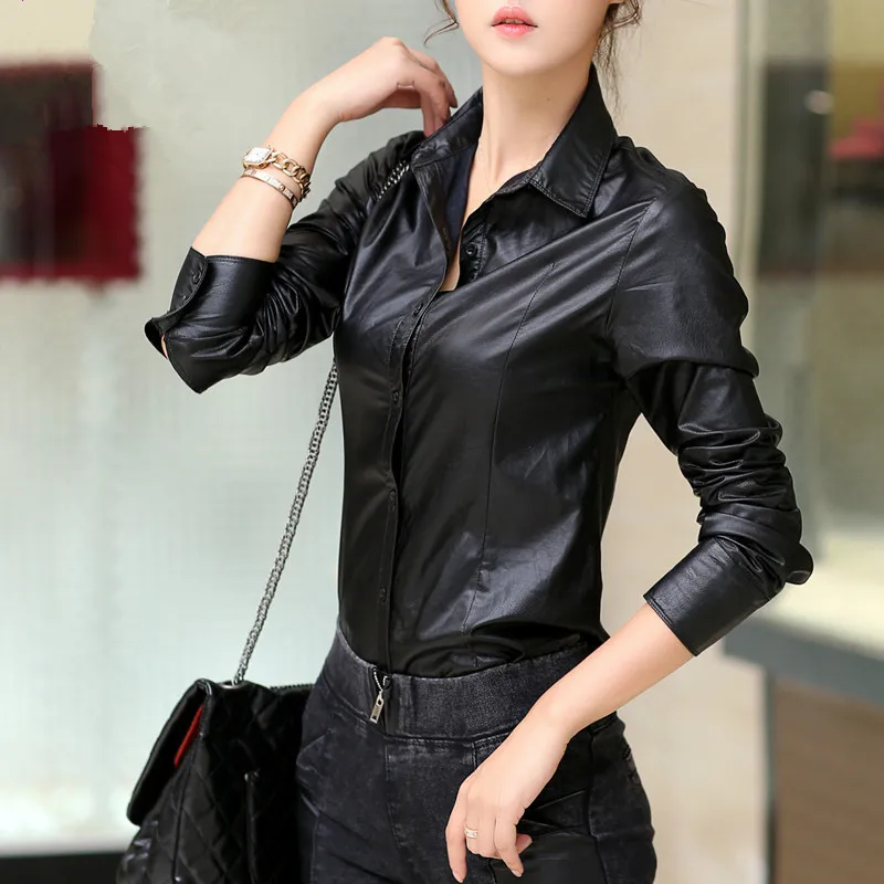Pu Leather Black Tops font b Women b font Leather font b shirt b font fashion