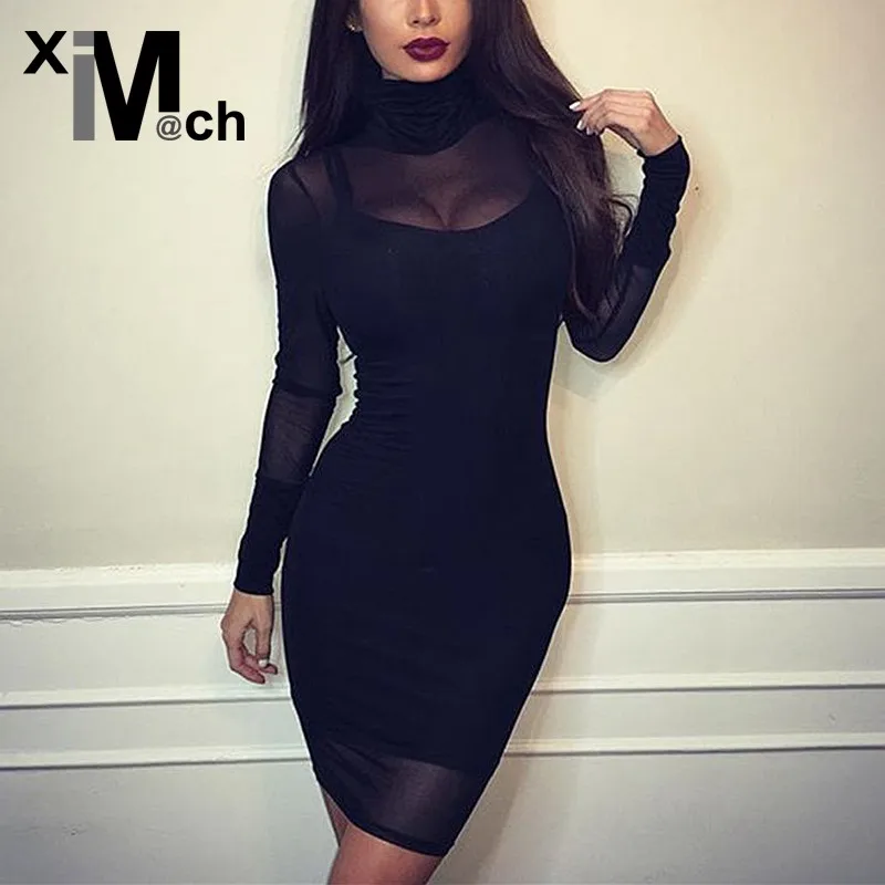 Women Sexy Black Dress Stand collar Tight Fit High Stretch Mesh Dress ...