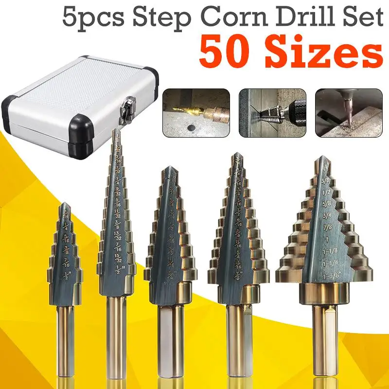 

5pcs/Set HSS COBALT MULTIPLE HOLE 50 Sizes STEP DRILL BIT SET With Aluminum Case for Woodwroking