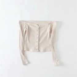 Summer new fashion street sexy word shoulder long sleeve T-shirt female, solid color was thin buckle short T-shirt ladies Summer new fashion street sexy word shoulder long sleeve T-shirt female, solid color was thin buckle short T-shirt ladies