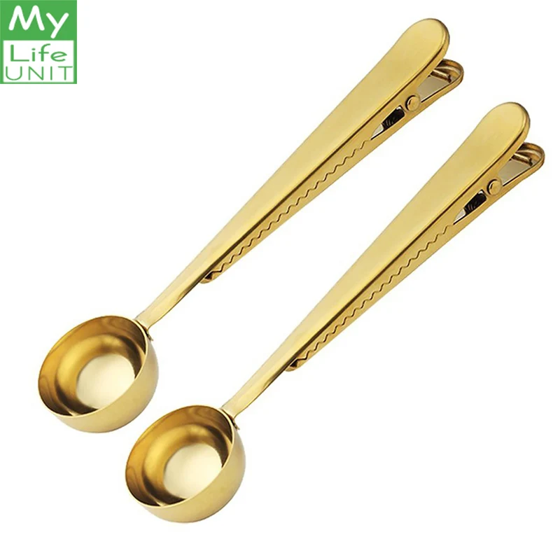 

MYLIFEUNIT 2pcs Stainless Steel Coffee Scoop With Clip Multifunction Golden Coffee Scoop Clip