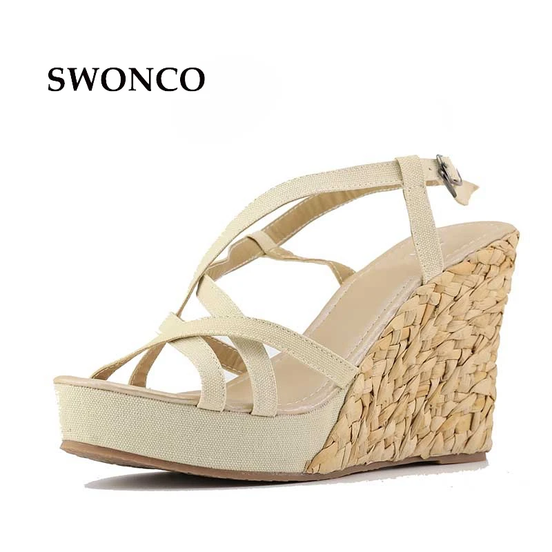 

SWONCO Women's Sandals 2018 Summer Bohemian Shoes High Heels Sandals Women Sexy Shoes Small Size 31-43 Open Toe Female Shoe