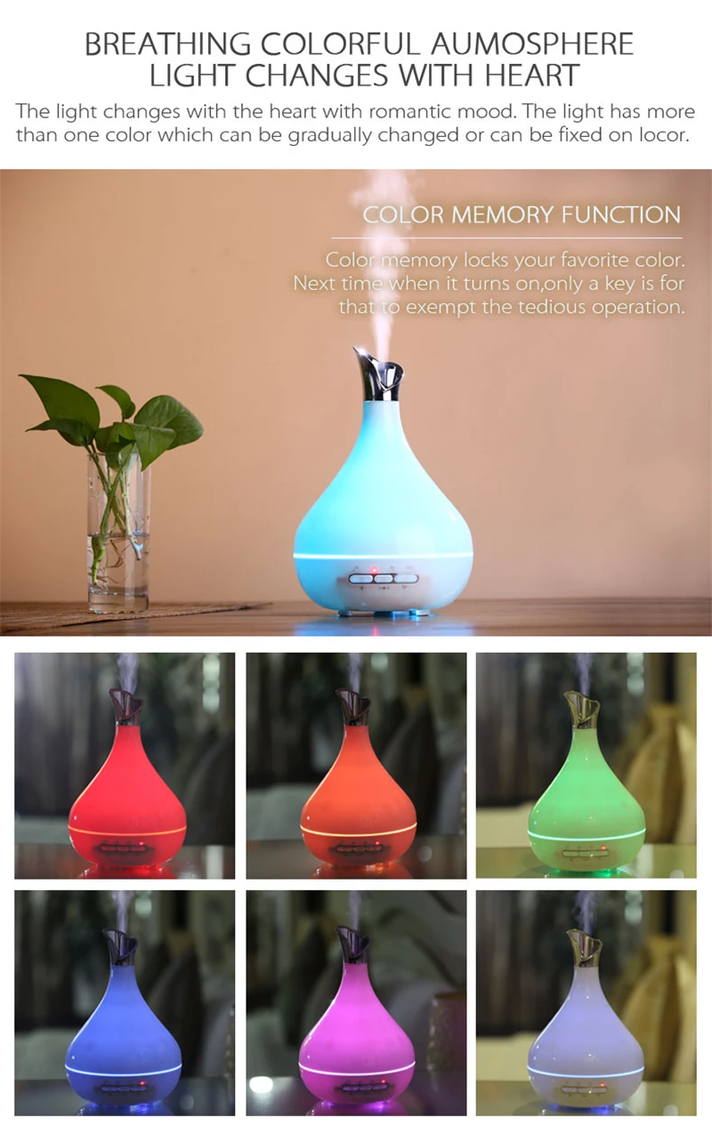 Diffuserlove 300ML Intelligent humidifier Essential Oil Diffuser Ultrasonic Air Humidifier with 7 Color LED Light for Home