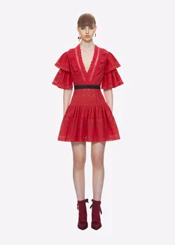 

2019 Mini Dress Elegant Full Lace Patchwork Ruffles Sexy Women V Neck Hollow Out Night Club Body con Party Dresses Wholesale