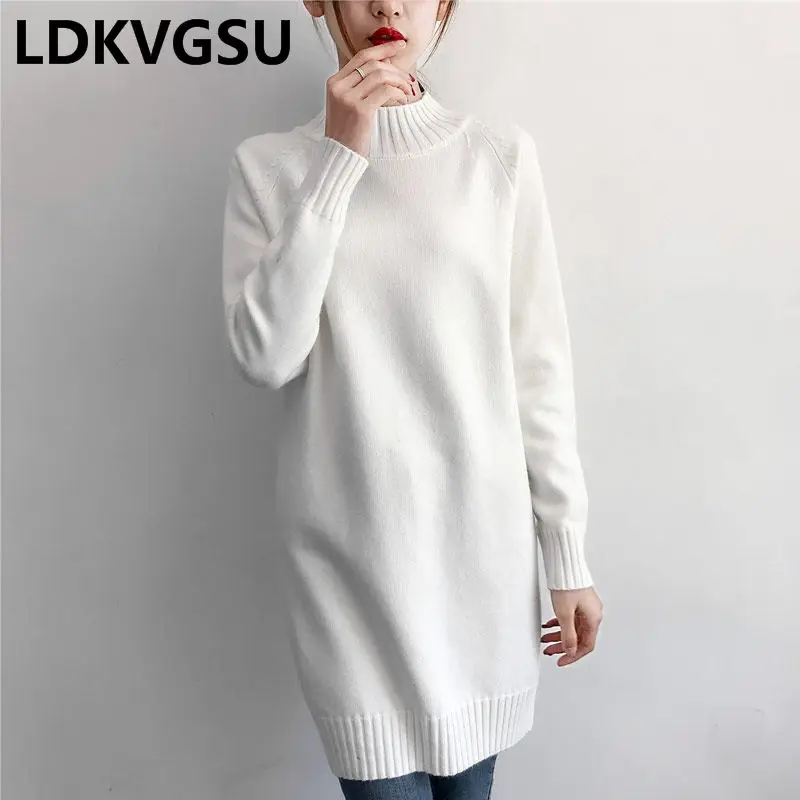 Long Sweater Female 2019 Autumn Winter New Women's Korean Loose Large Size Thick Round Neck Solid Color Knit Dress Is1559 | Женская