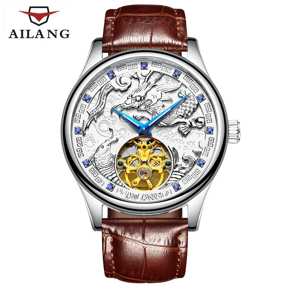 AILANG أعلى الرجال الفاخرة العلامة التجارية ووتش الذهب مطلي الميكانيكية والعتاد الساعات مكلفة جلدية حزام التنين الحصان الصينية نمط AILANG أعلى الرجال الفاخرة العلامة التجارية ووتش الذهب مطلي الميكانيكية والعتاد الساعات مكلفة جلدية حزام التنين الحصان الصينية نمط