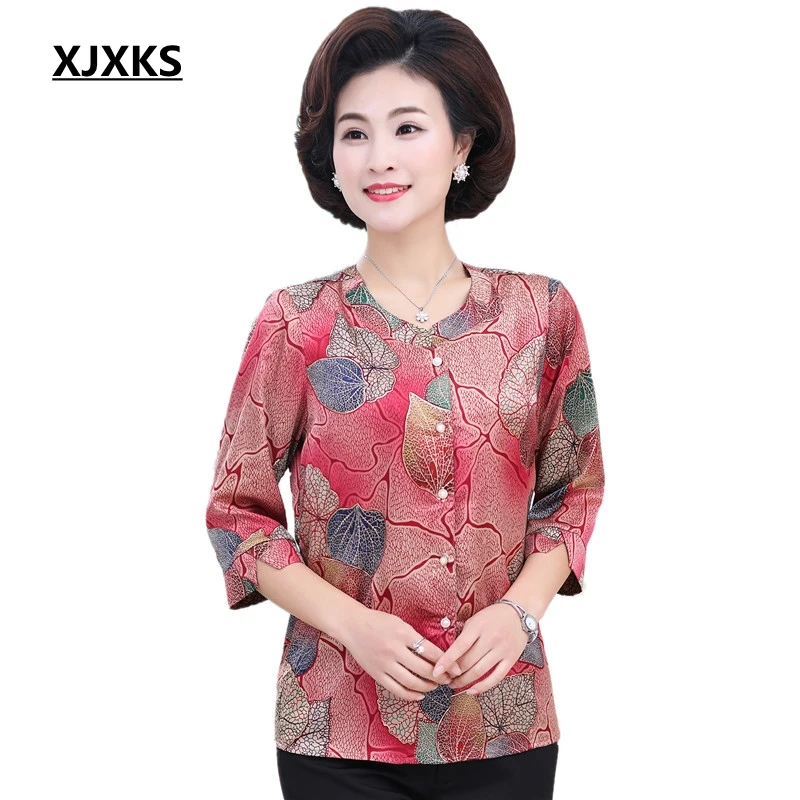 

XJXKS New 2019 Spring Middle-aged New Fashion 7-sleeve Shirt Chiffon Printing Loose Round Neck Blouse 6 Colors Shirts
