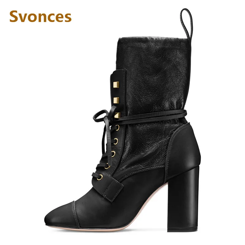 Botas Dames Personnaliser Plate Classique Bottes Épais Plat Usine Hauts Show As Noir Femme Lacets Femmes Grande forme Talons À Chaussures Rond Bout Taille X7qUrP7