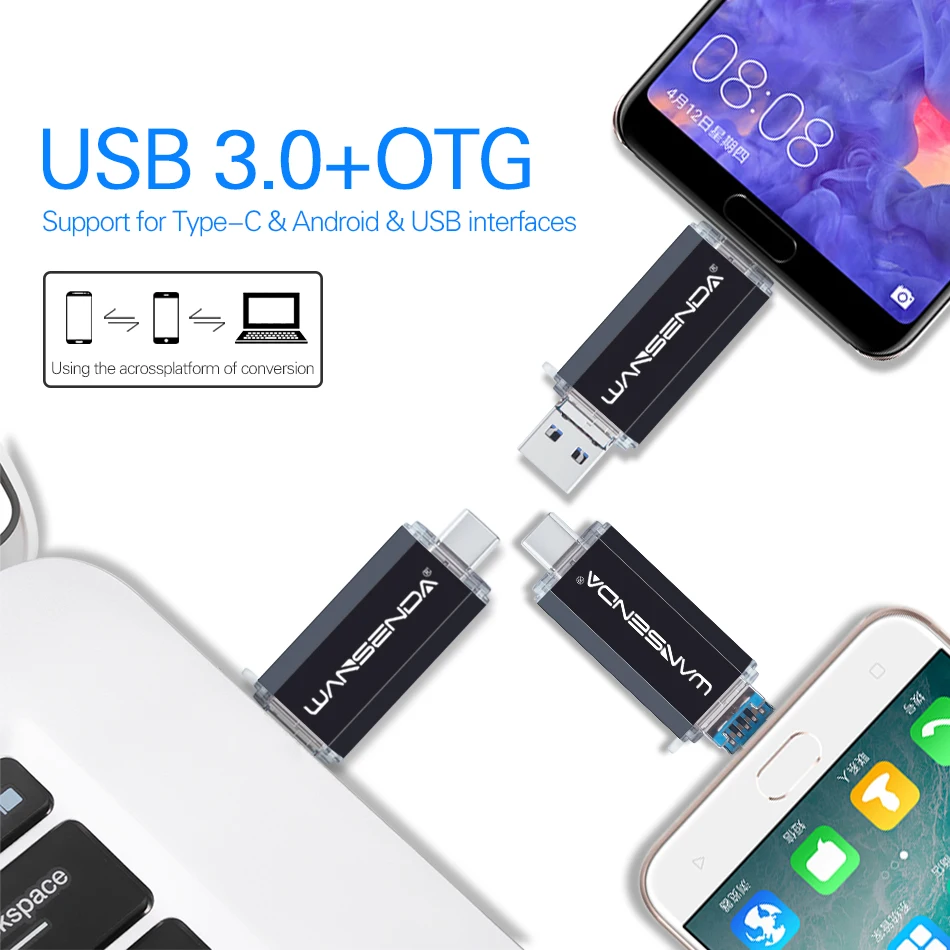 Wansenda 3 в 1 OTG USB флэш-накопитель USB3.0+ Micro USB+ type-C Pen Drive 256 ГБ 128 Гб 64 ГБ 32 ГБ 16 ГБ Флешка для Android/PC