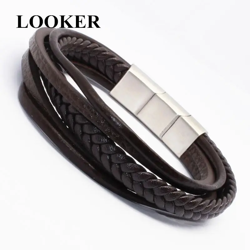 

LOOKER 2018 Fashion Stainless Steel Chain Genuine Leather Bracelet Men Adjustable Vintage Male Braid Jewelry for Women